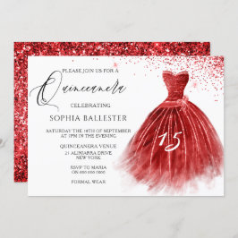 Invitación Elegante Purpurina rojo vestido Fiesta Quinceanera