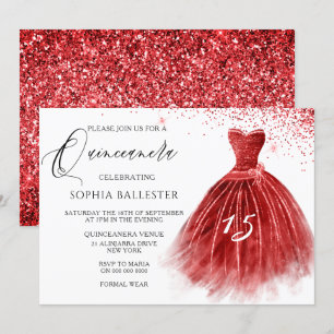 Invitación Elegante Purpurina rojo vestido Fiesta Quinceanera