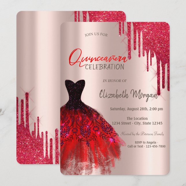 Invitación Elegante Purpurina Rojo Vestir Quinceañera (Anverso / Reverso)