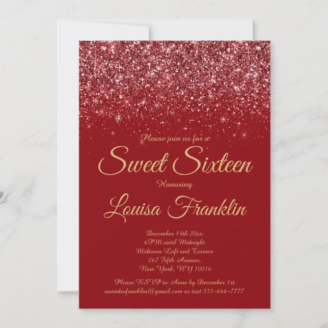 Invitación Elegante Purpurina Rojo y Dulce de Oro 16 Invitaci (Anverso)