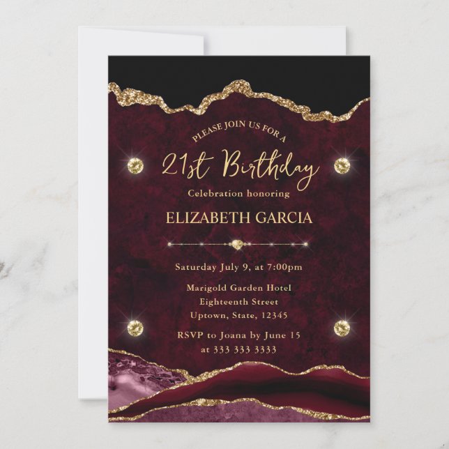 Invitación Elegante Purpurina rojo y oro Agate 21º cumpleaños (Anverso)