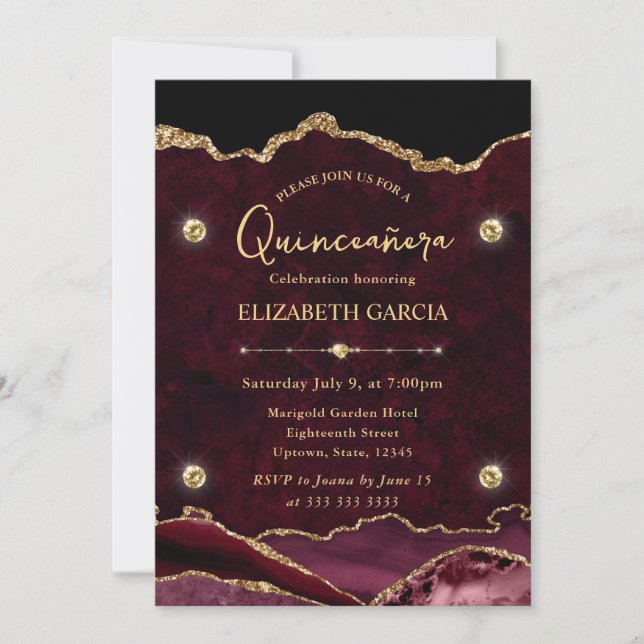 Invitación Elegante Purpurina rojo y oro Agate Quinceanera (Anverso)
