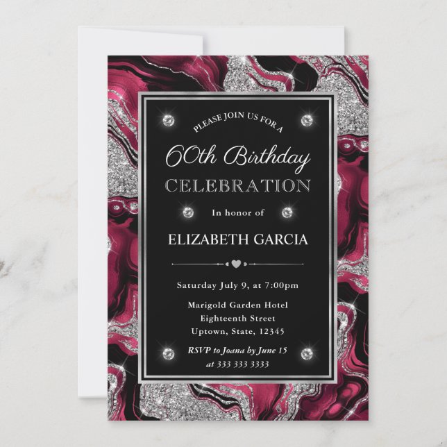 Invitación Elegante Purpurina rojo y plateado Agate 60 cumple (Anverso)