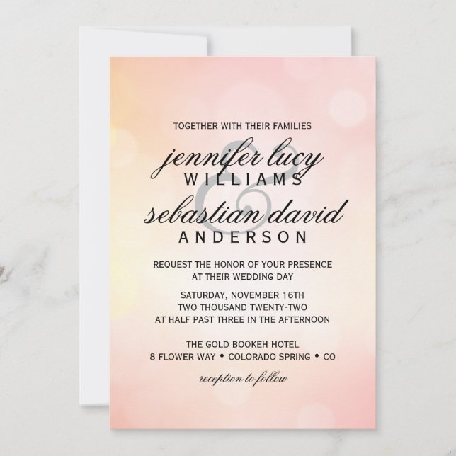 Invitación Elegante Purpurina rosa Boda de Moda ligera Bokeh (Anverso)