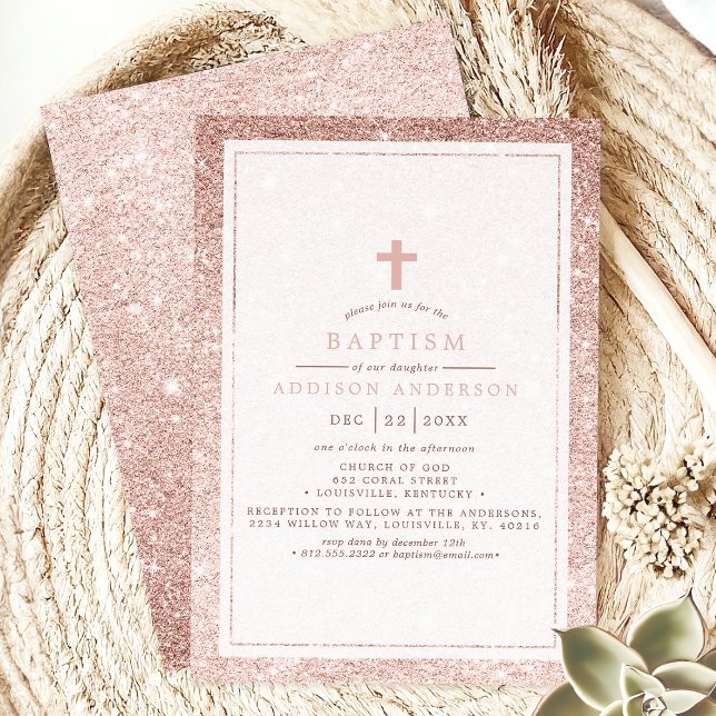 Invitación Elegante Purpurina Rosa Con Bautismo Cruzado (Subido por el creador)