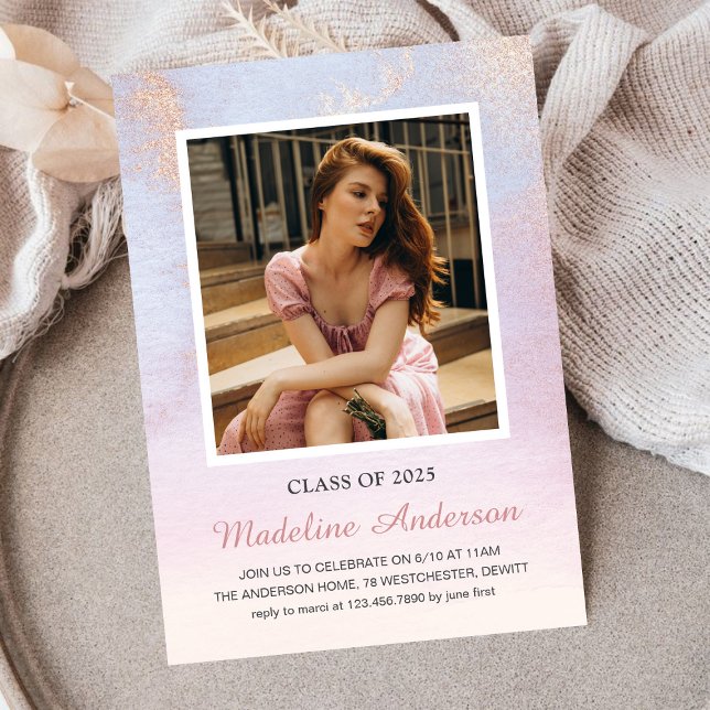 Invitación Elegante Purpurina rosa de foto graduada de Rubor  (Subido por el creador)