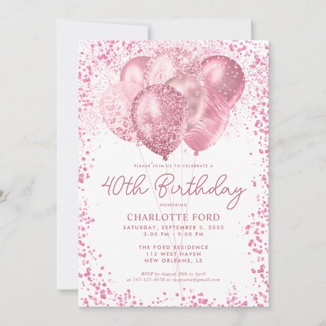 Invitación Elegante Purpurina rosa de Rubor Glam Balloon Cump (Anverso)