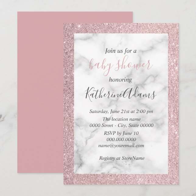 Invitación Elegante purpurina rosa dorado ducha de bebé de má (Anverso / Reverso)