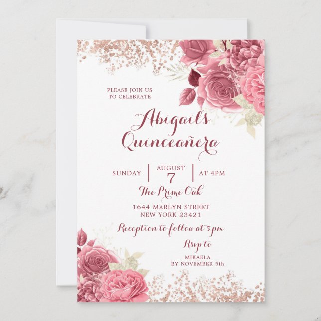 Invitación Elegante Purpurina Rosa Gold Floral Quinceañera (Anverso)