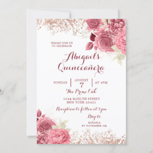 Invitación Elegante Purpurina Rosa Gold Floral Quinceañera