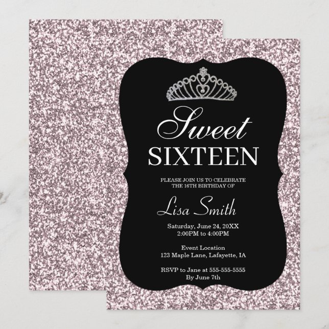 Invitación Elegante Purpurina rosa Moda Tiara Sweet 16 (Anverso / Reverso)