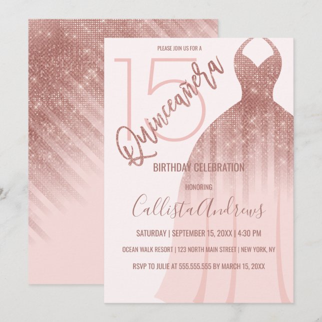 Invitación Elegante Purpurina rosa rosa dorado vestido Quince (Anverso / Reverso)