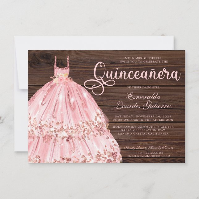 Invitación Elegante Purpurina rosa rosa Wood Quinceañera (Anverso)