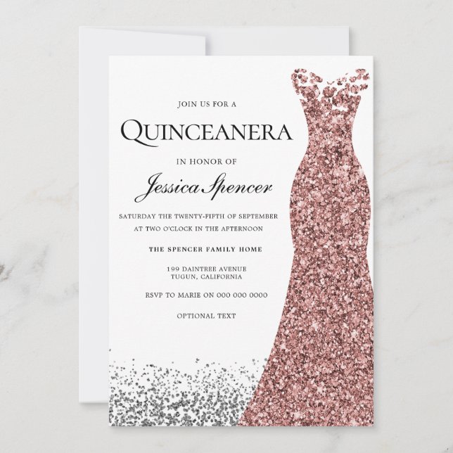 Invitación Elegante Purpurina Rosa Vestido de oro Quinceanera (Anverso)