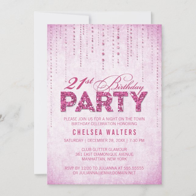 Invitación Elegante Purpurina rosado caliente Fiesta de cumpl (Anverso)