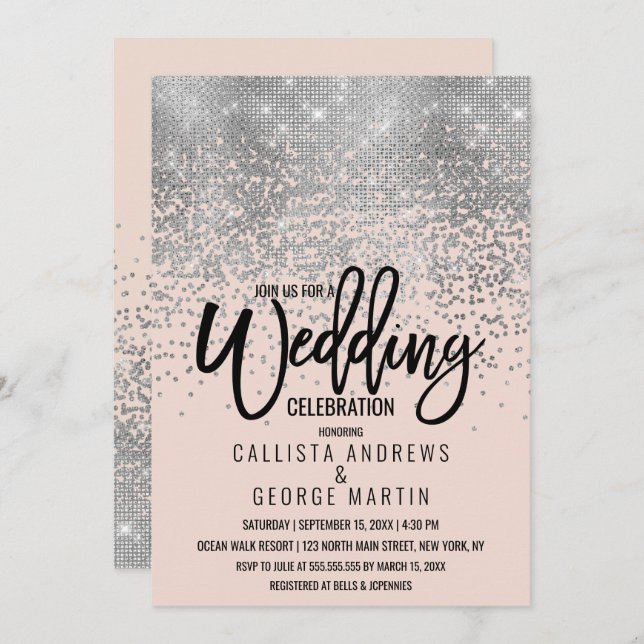 Invitación Elegante Purpurina rosado  Confetti Boda (Anverso / Reverso)