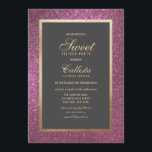 Invitación Elegante Purpurina rosado moderno dulce de borde g<br><div class="desc">Esta elegante, sencilla y moderna y dulce invitación para 16 años de fiesta es perfecta para un evento elegante y elegante. Cuenta con un marco falso de Relieve metalizado dorado impreso y un brillante borde purpurina rosa oscuro y fondo negro. Es moda, lujo, bonito y única; la elección perfecta para...</div>