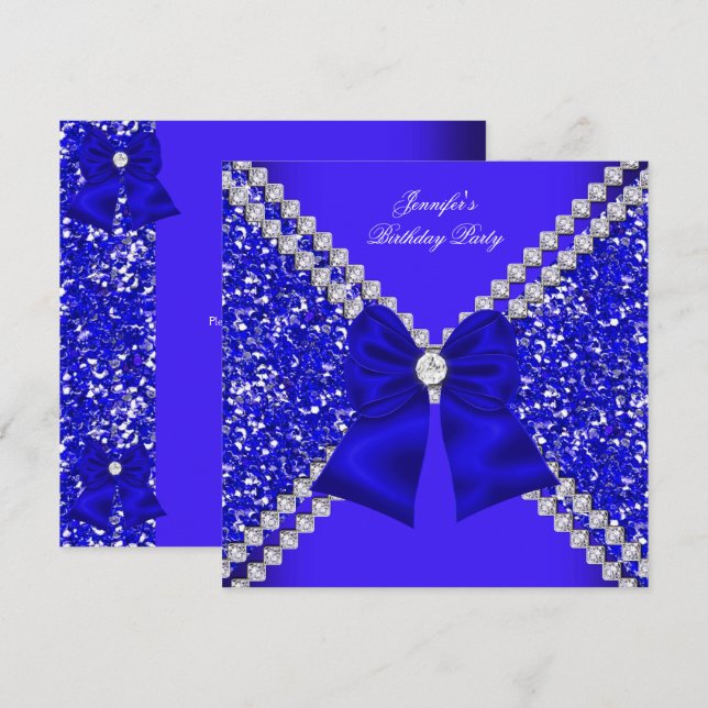 Invitación Elegante Purpurina Royal Blue Diamonds Partido de  (Anverso / Reverso)