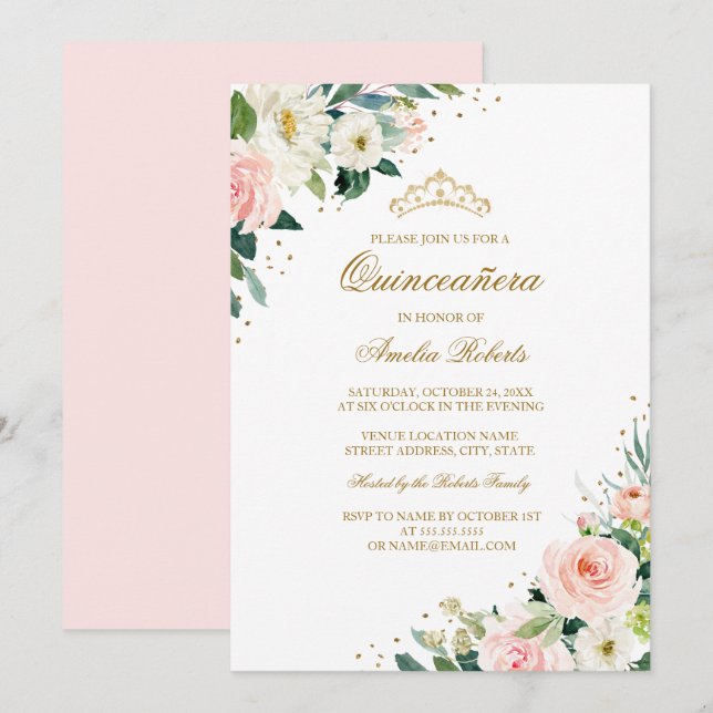 Invitación Elegante Purpurina Rubor Gold Floral Quinceanera (Anverso / Reverso)