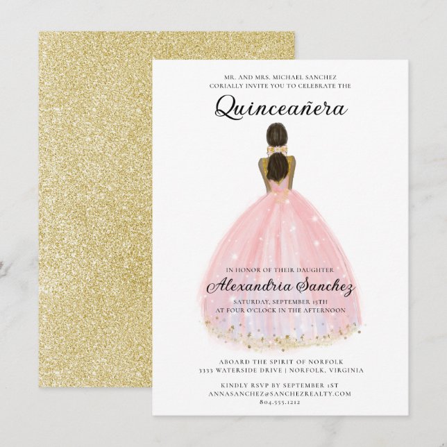 Invitación Elegante Purpurina Rubor Rosa y Oro Quinceanera (Anverso / Reverso)