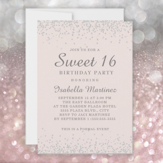 Invitación Elegante Purpurina Rubor rosado plateado dulce 16 (Subido por el creador)