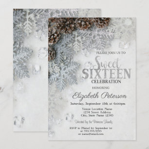 Invitación Elegante Purpurina Snowflakes Pine Cones Dulces 16