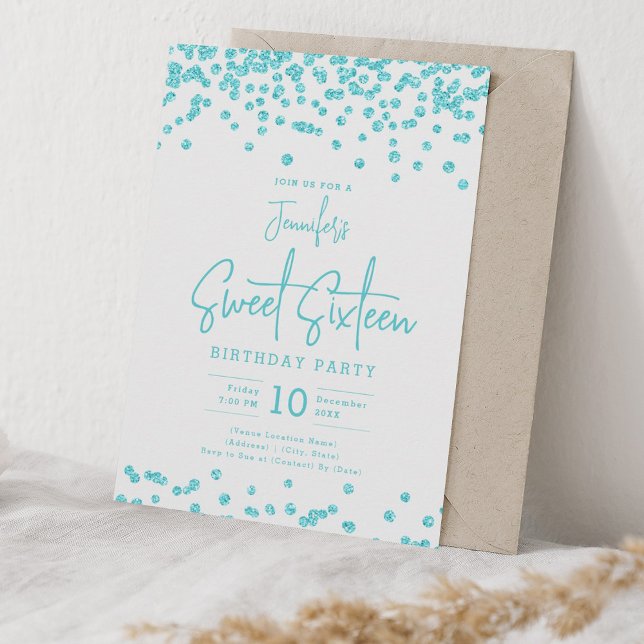 Invitación Elegante Purpurina turquesa Confetti Sweet 16 Fies (Elegant Turquoise Glitter Confetti Sweet 16 Party Invitation)