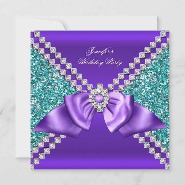 Invitación Elegante Purpurina Verde azulado Blue Purple Diamo (Anverso)