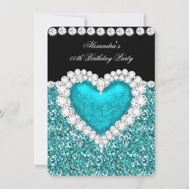 Invitación Elegante Purpurina Verde azulado Corazón Azul Cump (Anverso)
