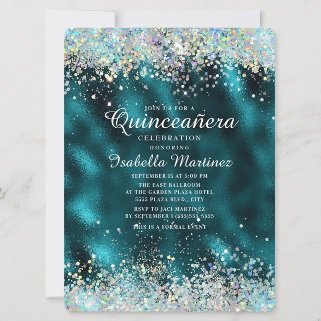 Invitación Elegante Purpurina Verde azulado de Plata Quinceañ (Anverso)