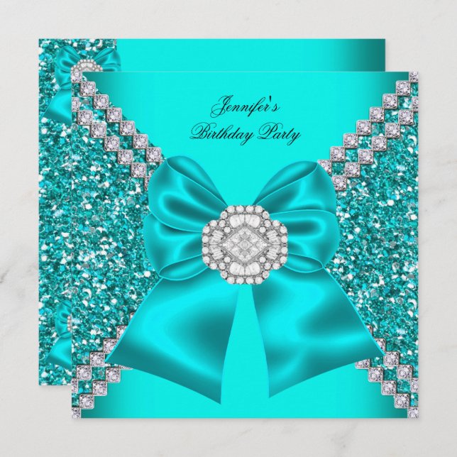 Invitación Elegante Purpurina Verde azulado Diamantes azules  (Anverso / Reverso)