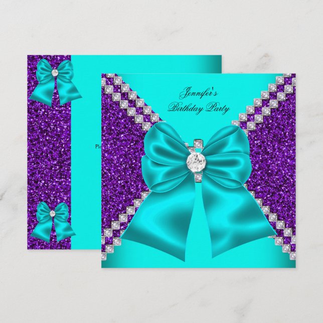 Invitación Elegante Purpurina Verde azulado Diamantes Púrpura (Anverso / Reverso)