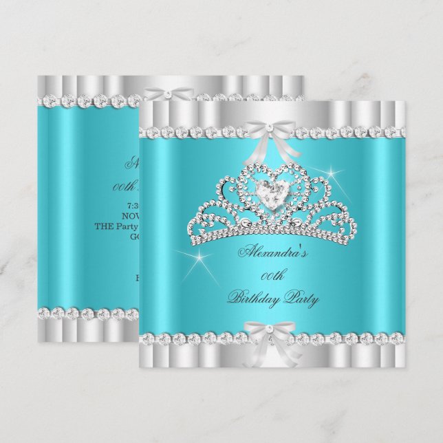 Invitación Elegante Purpurina Verde azulado Plata Azul Tiara  (Anverso / Reverso)