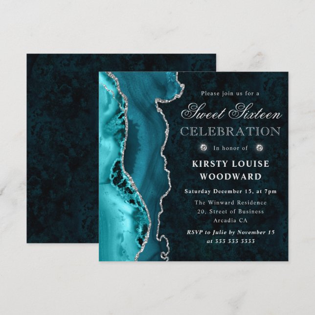 Invitación Elegante Purpurina Verde azulado y plateado Agate  (Anverso / Reverso)