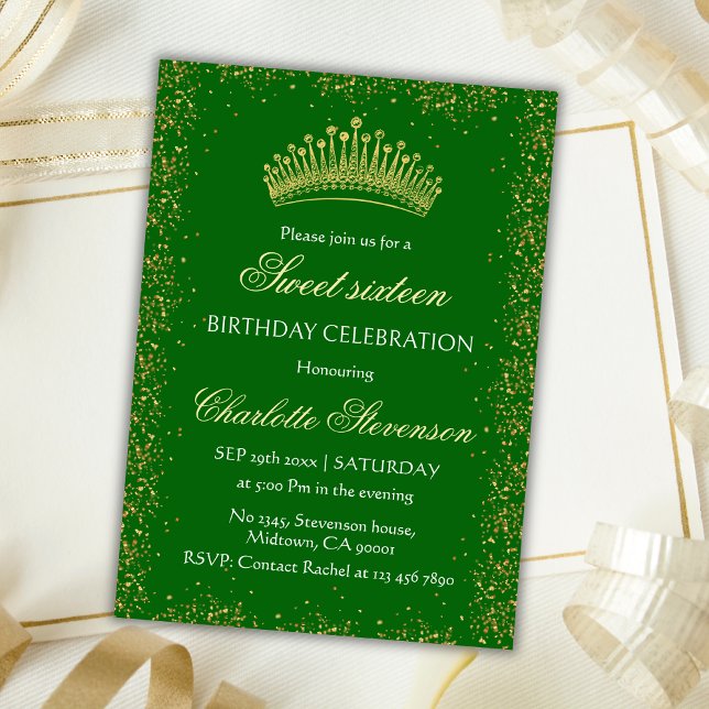 Invitación Elegante Purpurina Verde Corona de Oro Dulce 16 Cu (Subido por el creador)