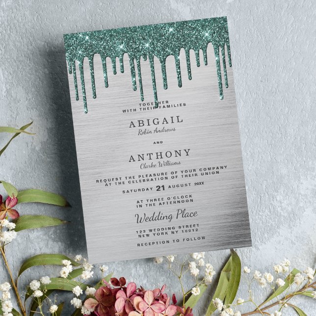 Invitación Elegante purpurina verde del bosque plateado gotea (Elegant silver forest green glitter drips wedding)