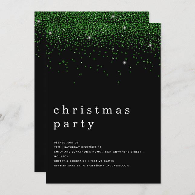 Invitación Elegante Purpurina verde Navidades Fiesta negro (Anverso / Reverso)
