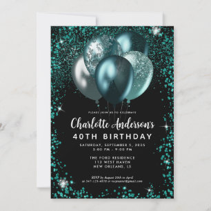 Invitación Elegante Purpurina verde negro Verde azulado Balón
