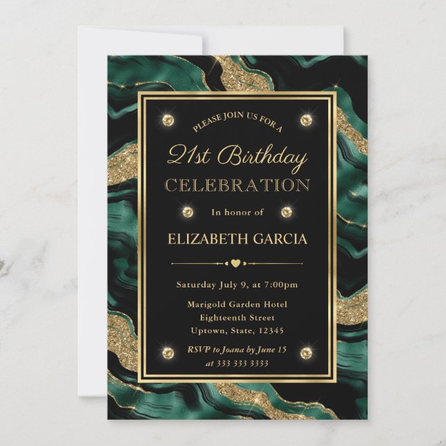 Invitación Elegante Purpurina Verde y Oro Agate 21º cumpleaño (Anverso)