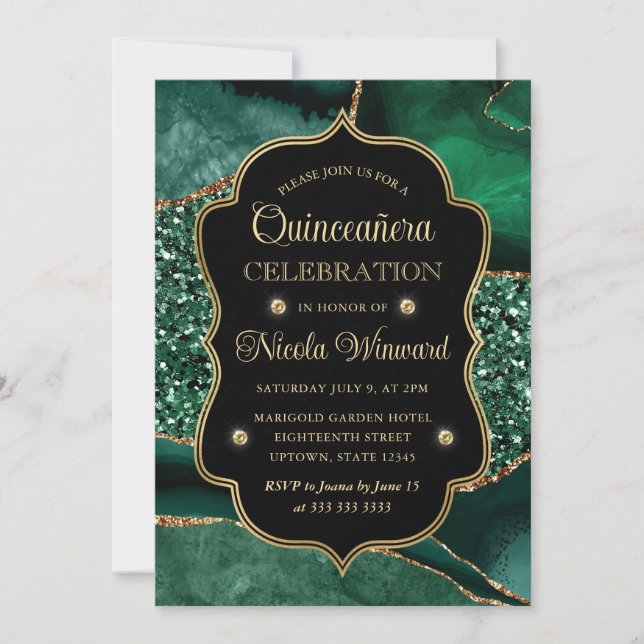 Invitación Elegante Purpurina Verde y Oro Agate Quinceanera (Anverso)