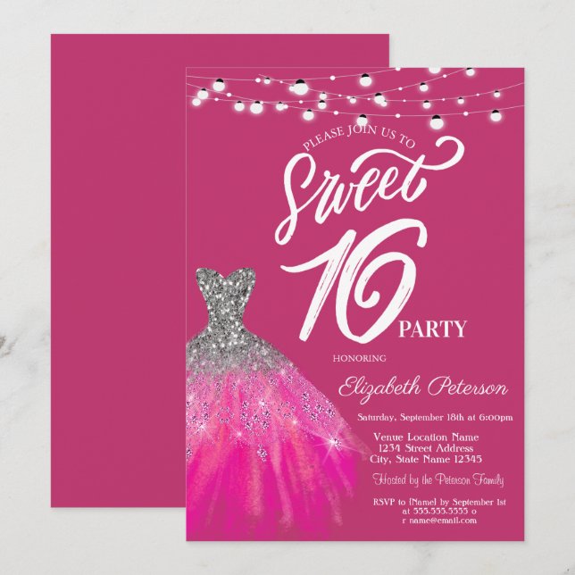 Invitación Elegante Purpurina Vestido de cuerda Luces Dulce 1 (Anverso / Reverso)