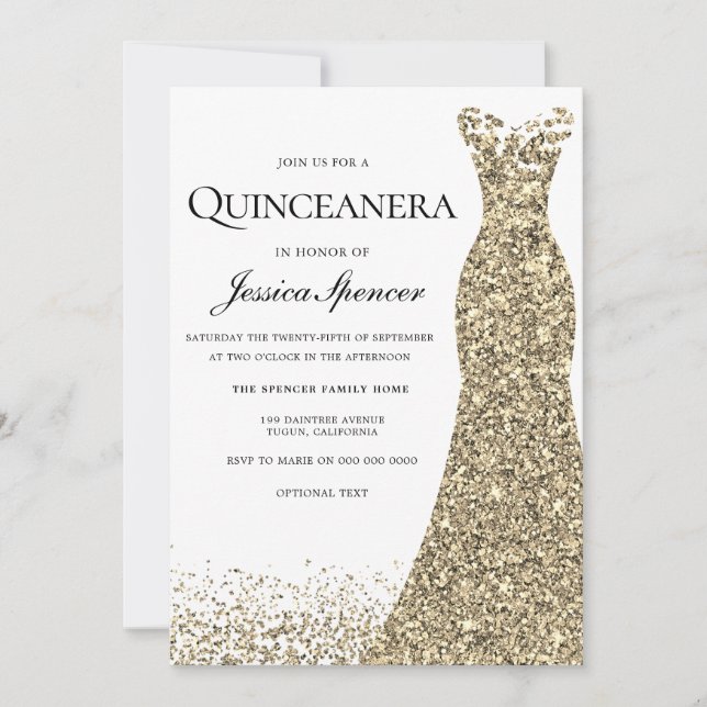 Invitación Elegante Purpurina Vestido de Oro Quinceanera Invi (Anverso)