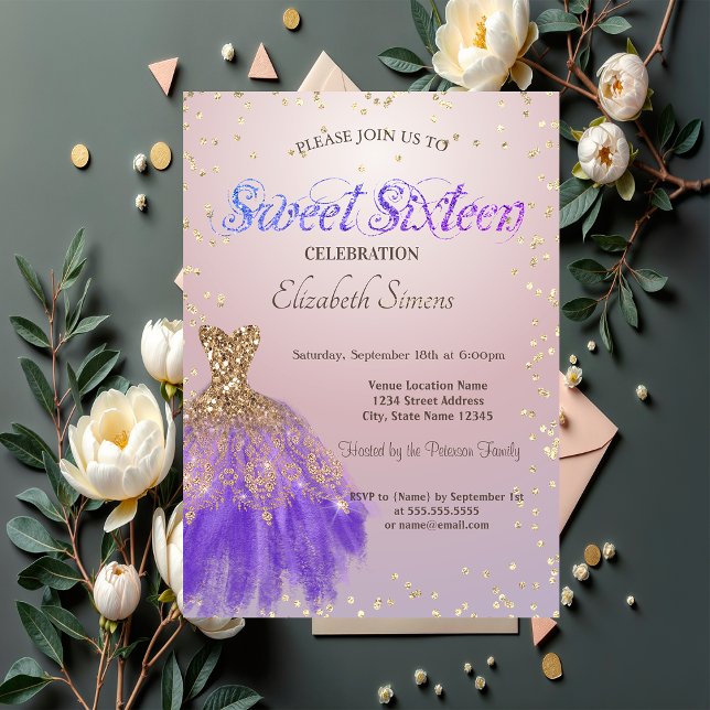 Invitación Elegante Purpurina Vestido Diamantes Dulce Rosa 16 (Subido por el creador)
