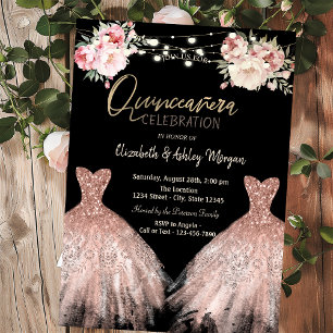 Invitación Elegante Purpurina Vestido Floral Negro Quinceaner