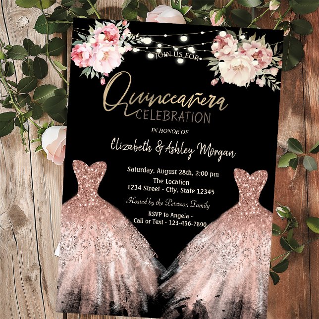 Invitación Elegante Purpurina Vestido Floral Negro Quinceaner (Subido por el creador)