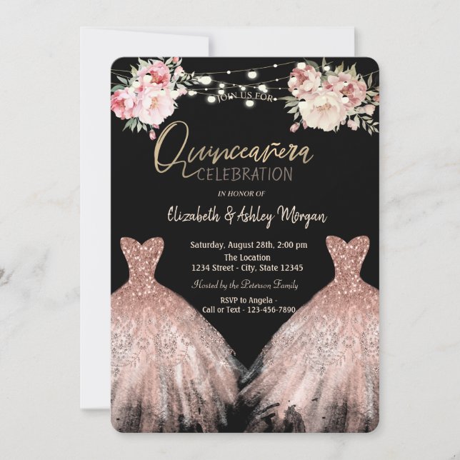Invitación Elegante Purpurina Vestido Floral Negro Quinceaner (Anverso)