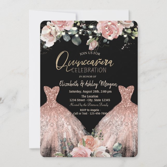 Invitación Elegante Purpurina Vestidos Modas Rosas Quinceaner (Anverso)