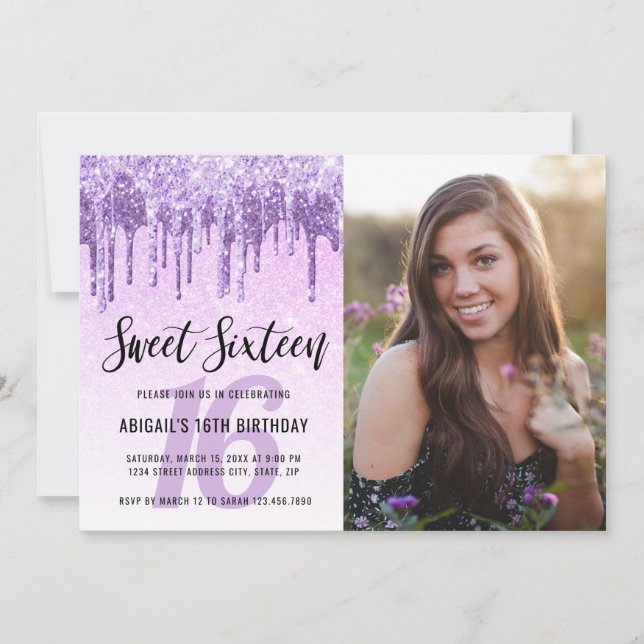 Invitación Elegante purpurina violeta morado gotea dulce diec (Anverso)
