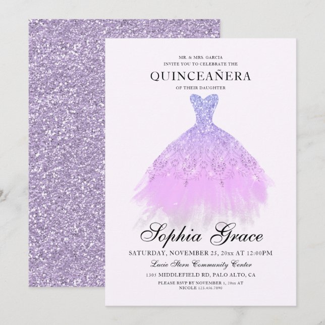 Invitación Elegante Purpurina violeta púrpura Quinceañera (Anverso / Reverso)
