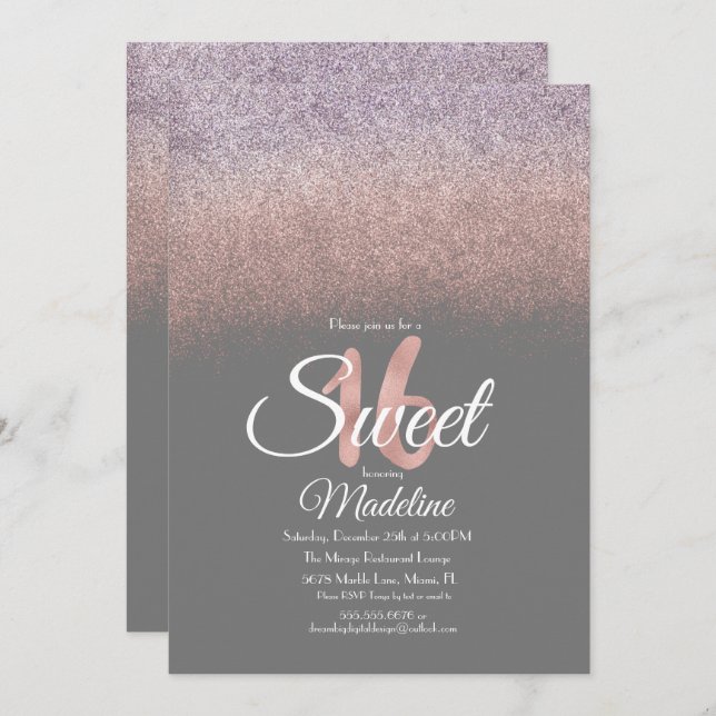 Invitación Elegante Purpurina violeta Rubor rosado Ombre dulc (Anverso / Reverso)